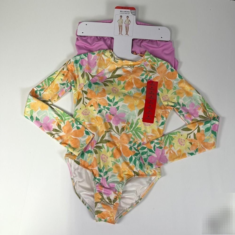 Billabong Girls 2-Piece Swim Set Floral Rash Guard Shorts Pink M 10/12 UPF 50+
